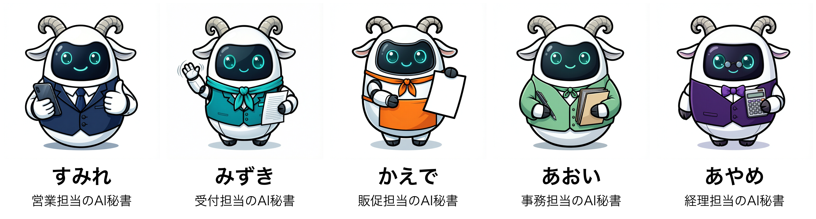 営業のすみれ、受付のみずき、販促のかえで、事務のあおい、経理のあやめの5人並び