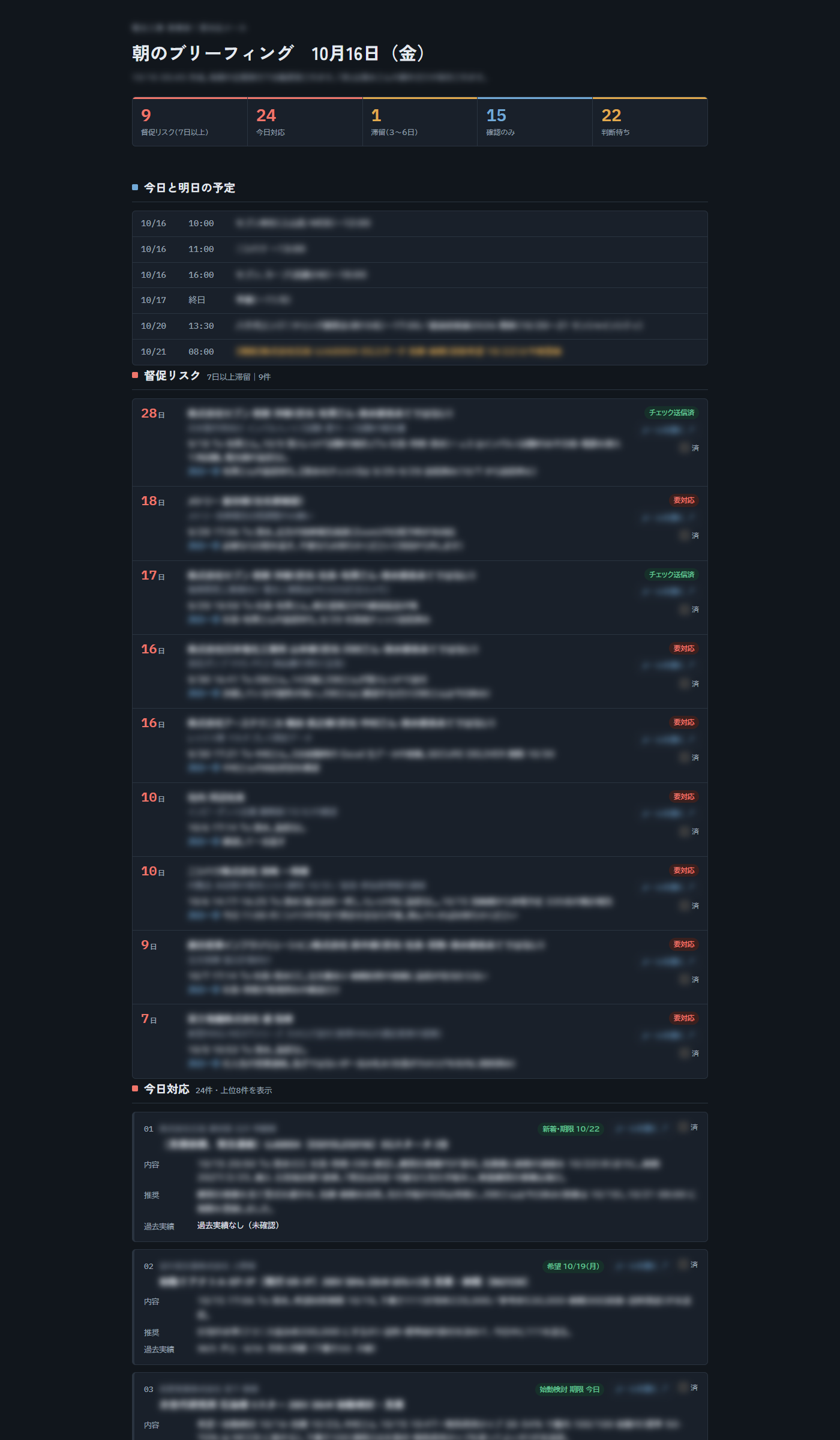朝のブリーフィング。社名・案件・本文などの個別情報はぼかし済み。