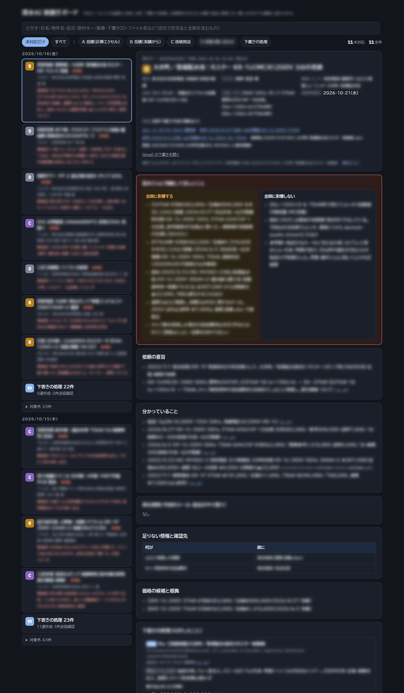 問い合わせの前捌きボード。社名・案件・本文などの個別情報はぼかし済み。