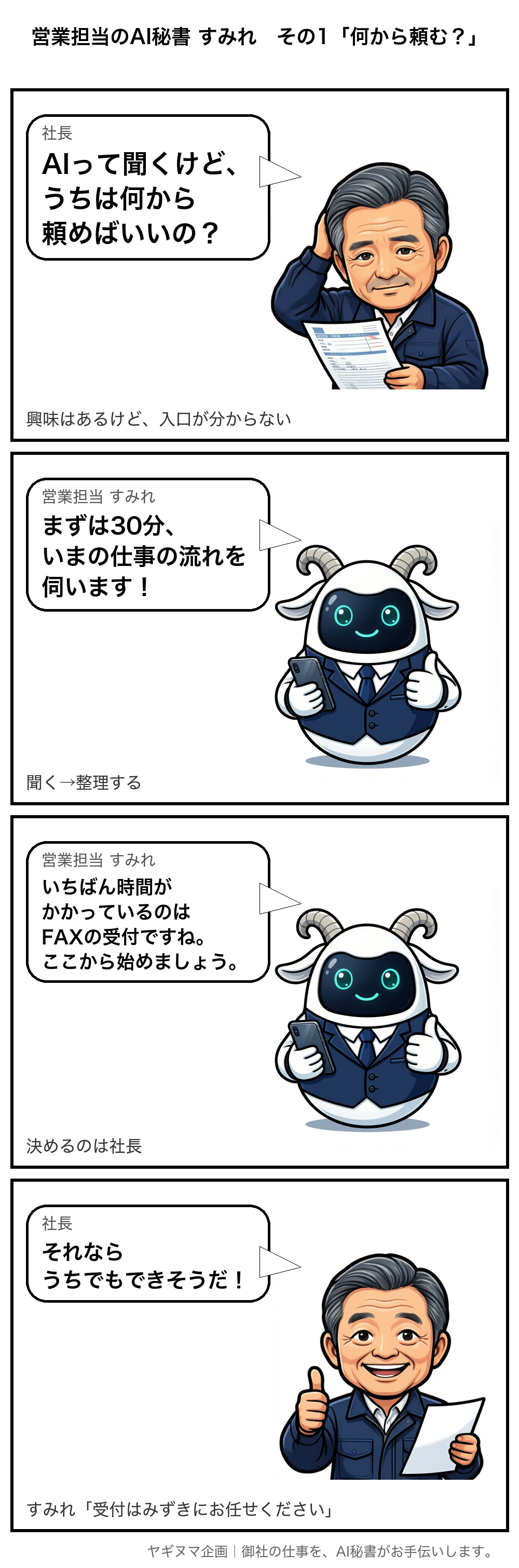4コマ漫画:営業担当 すみれ「何から頼む?」